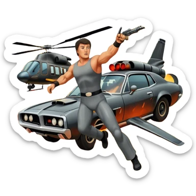 Icon for Action Movie: A vintage movie poster-style design featuring intense action scenes with explosions, weapons, and dramatic poses of Stallone. Include cars and helicopters flying out of flames in the background. Bold typography and retro cinematic style. Transparent background. sticker