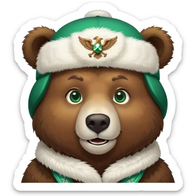Cheerful brown bear head with emerald green eyes wearing white winter ushanka hat with double-headed eagle symbol centered, Russian themed sticker