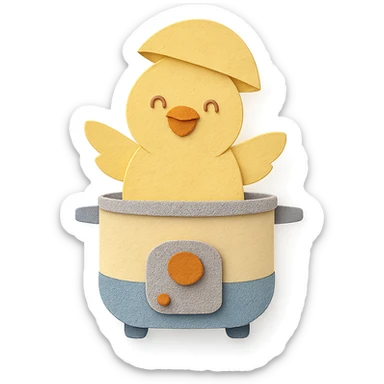 soft yellow egg cooker chick, popping out of the lid, smiling brightly, full-body sticker