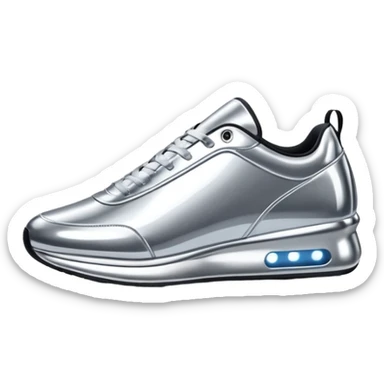 A pair of futuristic sneakers emoji made of silver chrome, sleek streetwear design, smooth metallic panels, subtle reflections, luxury swag aesthetic, iOS emoji style, centered, clean white background sticker