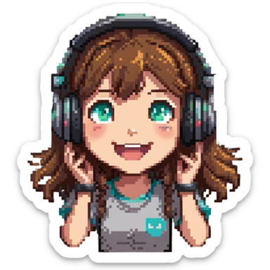 brown-haired gamer girl, excited expression, headphones, head only, emote sticker