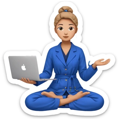 emoji of an asian woman with a single bun in a long blue labcoat sitting cross legged with dna levitating above one hand and an macbook above the other hand sticker