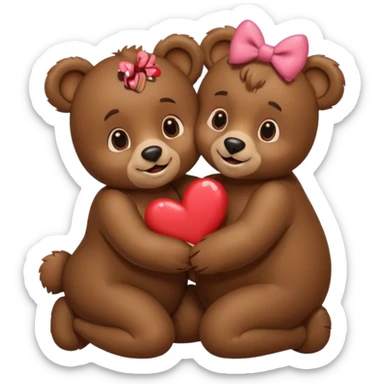 female bear with bow on her head and male bear hugging, couple, surrounded by hearts, playful and loving, cute, same height  sticker