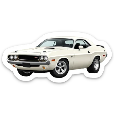 All-white 1971 Dodge Challenger from Tarantino's Death Proof, stylized iOS emoji look, clean white finish, iconic muscle car silhouette, simplified details sticker