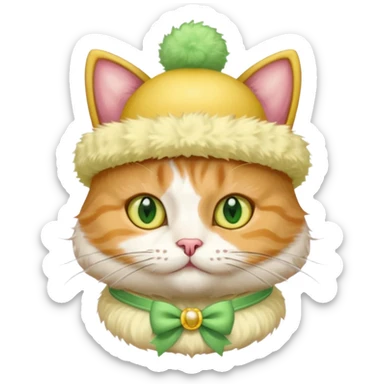 cat wearing a creamy cake hat with fun necklace around his neck and a yellow bow in the middle sticker
