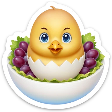 Chick in egg w blue eyes and chicken salad around it w cut up grapes in the salad sticker