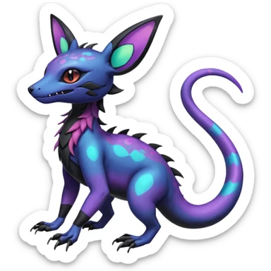Rare epic aesthetic iridescent spooky gloomy colorful Salandit-Noibat-Eevee-Genet-species-Fakemon-hybrid-creature, with markings, full body sticker
