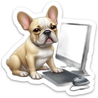 Unhappy FRENCH BULLDOg with computer and mouse sticker