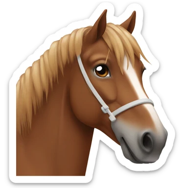 Brown horse with brown mane eating a carrot and small white marking on head sticker