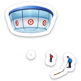 please, An icon featuring the curling rink, with its distinctive circles, and a vibrant crowd in the stands. Snowflakes fall outside the arena, and bright lights illuminate the ice. a curling stone sliding across the ice, with a broom nearby. Transparent background. sticker