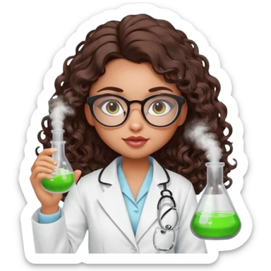 realistic bratz doll with long curly dark brown hair, glasses that are round cat eye vibes, in a lab coat mixing beakers that glow sticker