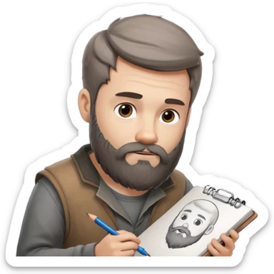 Bearded man  drawing boy character with charcoal in sketchbook sticker