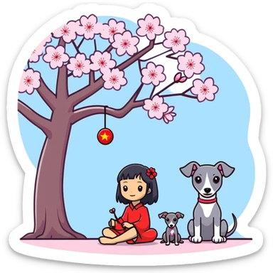 A young Chinese girl with long black hair and a dark grey Italian Greyhound with absolutely no white marks on its body or nose sitting under a cherry blossom tree sticker