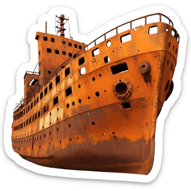 rusted ship wreck, heavily corroded metal hull, orange-brown rust textures, abandoned old ship, weathered surface, dramatic lighting, cinematic atmosphere, 3D cartoon style, mobile game environment art, clean composition, no people, no text, no watermark
 sticker