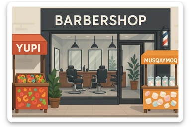 brohouse sartarosh xonasini chizib ber tashqaridan va uning yonida yupi va musqaymoq sotadigan lavkalar bulsin va sartarosh xona sal zamonaviyroq bulsin sticker