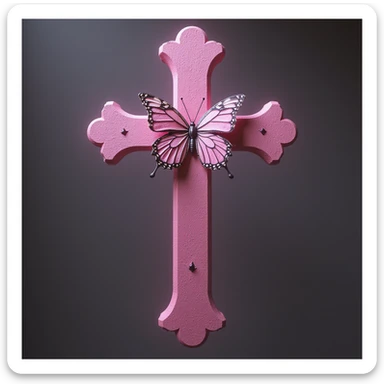 realistic gothic cross, pink with butterfly accents, photorealistic style, no background sticker