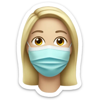 A blonde woman with straight hair wearing medical white gloves and a mask sticker