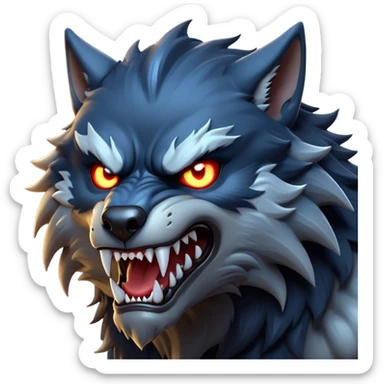 cinematic-noble-fierce-werewolf-head-close-up-emoji, poised-and-imposing, with a fierce wolfish face featuring glowing eyes full of primal ferocity, sharp, elongated fangs and a rugged snout, fur rippling in shades of midnight black and silver, muscles tensed and hunched over in an intense, threatening stance; rendered with realism, capturing the raw, untamed power of the beast beneath the moonlit sky sticker