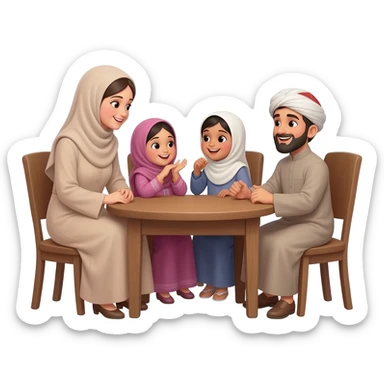 islamic family sitting on table; mother wearing without hijab; father with beard and islamic clothes white cap on head; little girls without  hijab and one little boy; kids wearing traditional clothes and talking happily to each other sticker