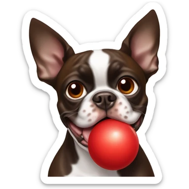Brown Boston terrier with a red ball in his mouth sticker