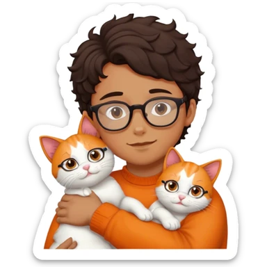 Boy with curl dark hair and glasses hugs white and orange cat sticker