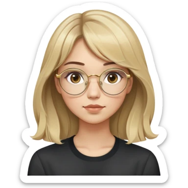 young adult woman with light skin, soft cheeks and round face, voluminous blonde-brown hair with slight waves and long bangs, large octagonal glasses with thin gold frame, dark casual shirt, calm and creative expression sticker