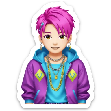  portrait-of-young-monster-idol-in-kpop-style,-wearing-flashy-streetwear-outfit,-colorful-dyed-hair,-confident-pose,-accessorized-with-chains- sticker