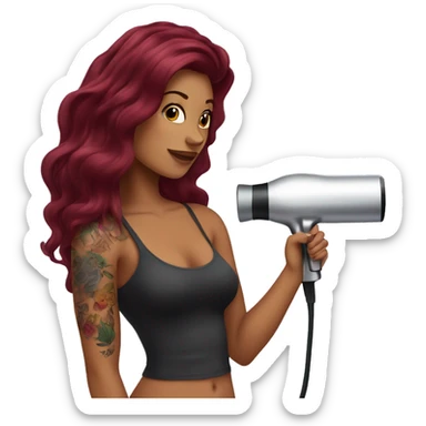 Beautiful tattooed  burgundy long haired woman blow drying her hair sticker