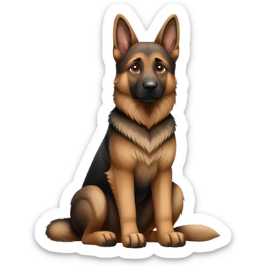 cinematic-[german shepherd]-realistic-full-body-sitting-emoji,-tail-resting-loosely-beside-its-paws,-head-tilted-dramatically,-sleek-[brown and black]-fur,-simplified-yet-realistic-focused-features,-highly-detailed,-glowing-with-an-almost-sarcastic-glow sticker