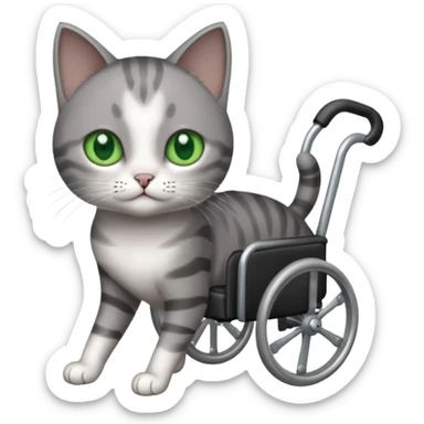 full body small short hair dark grey and white cat with green eyes walking in a wheelchair for cats sticker