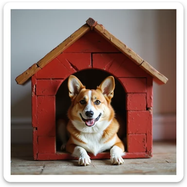 realistic red dog house with a Corgi dog inside, Corgi lying down, photorealistic style sticker