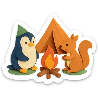 Pinguin und Eichhörnchen beim Campen, Papierbastel-Stil, Lagerfeuer sticker