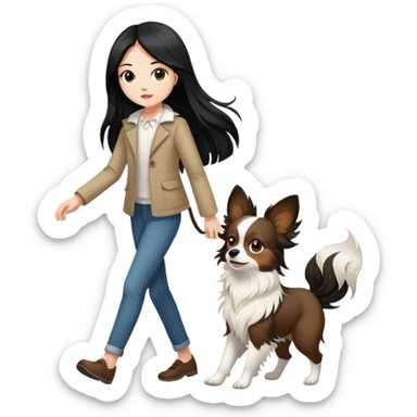 A girl with long black hair walks a brown and white papillon sticker