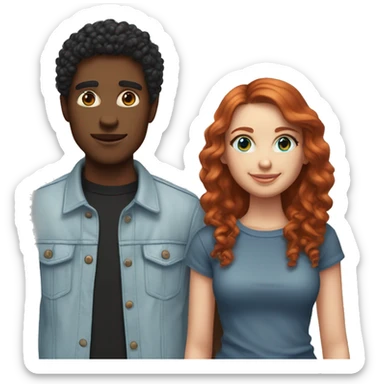 do couples with the girl having short/ medium length red hair and blue eyes, skin not super fair but light and the boy having same skin tone, black curly hair and brown eyes. If emojis of them standing do streetstyle clothing for both.  sticker
