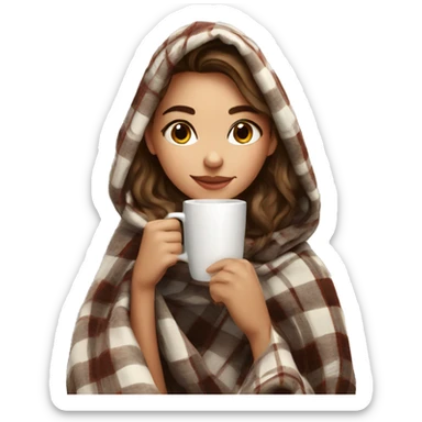 Beautiful girl wrapped in cozy plaid blanket drinking coffee sticker