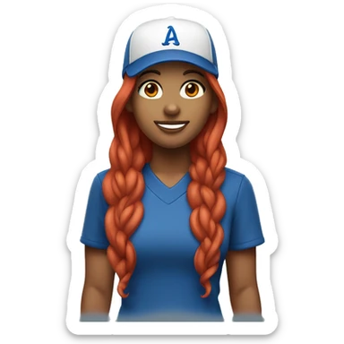 front facing standing up female coach with long red hair, wearing a white t-shirt and a simple baseball blue hat sticker