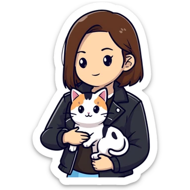 Light-skinned girl with brown straight hair wearing a black jacket, along with one pure white cat and one calico cat sticker