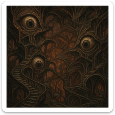 a surreal hell with twisted staircases, giant eyes, and warped architecture sticker