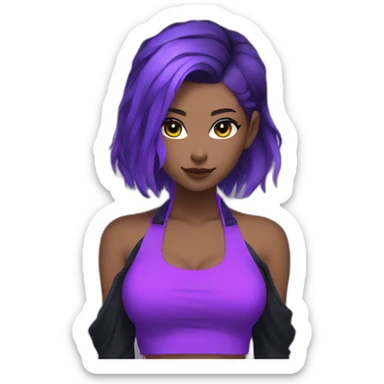 Generate a neon purple themed female anime character, wearing a black and blue cold-shoulder halter top with purple sleeves and purple hair. sticker
