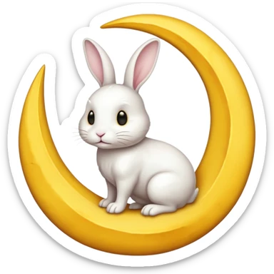 a white bunny in the foreground (no small details) and a large crescent moon in the background

minimal art versions please 2 colours, white and yellow sticker
