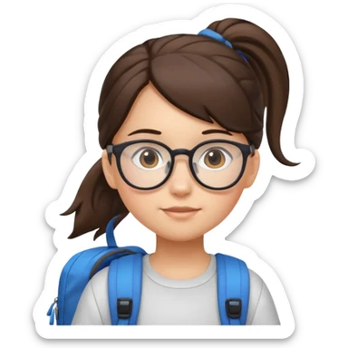 student brunet kid girl, ponytail wearing glasses with backpack sticker