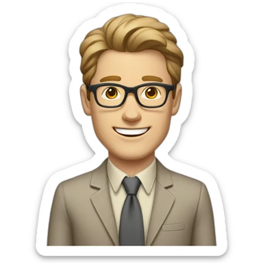Joyful Pale skinned Fit Man With dark brown hair in gray jacket, beige office shirt, Brown pants and vintage glasses. His thrumbs up sticker