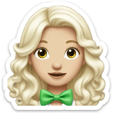 pale blonde girl with long platinum white wavy hair with bright green eyes and wearing a light pink hair bow sticker