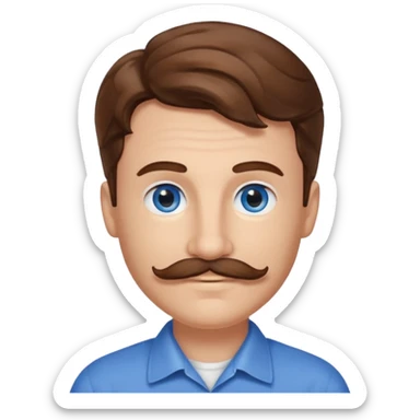 Benson Boone (b.2002) with blue eyes, brown wavy hair and mustache sticker