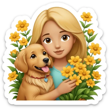 A girl is holding a golden retriever in the flowers sticker