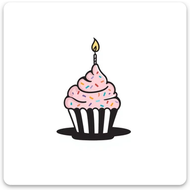 A single decorated birthday cupcake with swirled frosting, colorful sprinkles, and a lit candle on top. Using pastel colors (pink, light blue, lavender, peach). Hand-drawn doodle style with festive details. Cute celebratory design. sticker