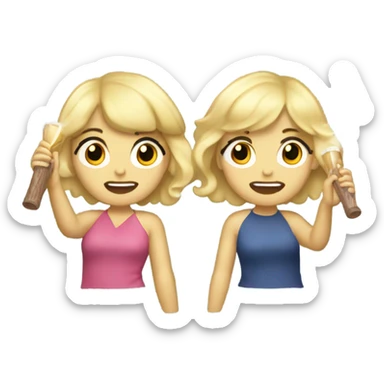 blonde girl with bangs getting whacked by a blonde girl with curly hair with a flute sticker