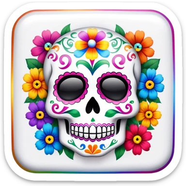 Beveled square shaped button with day of the dead sugar skull and rainbow colored flowers in the center sticker