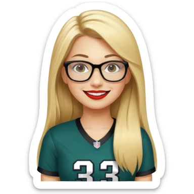 long blonde straight hair, black small glasses, smiling, lipstick, full length eagles football uniform, 33 sticker
