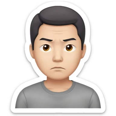 Asian man in a gray shirt with a frown sticker